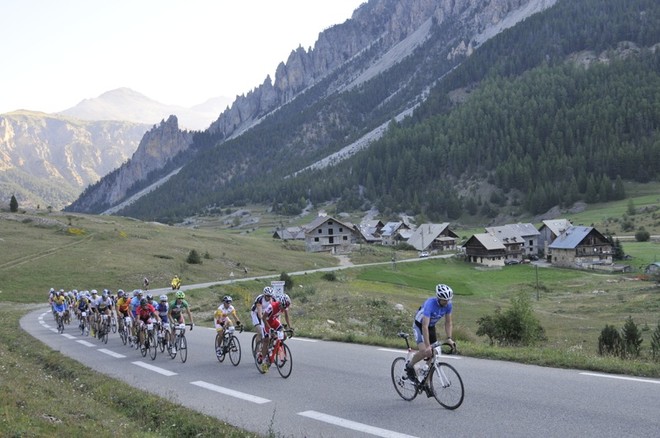 Cyclists racing through the Village of the Los during Stage 5 - Haute Route 2011 © Manu Molle